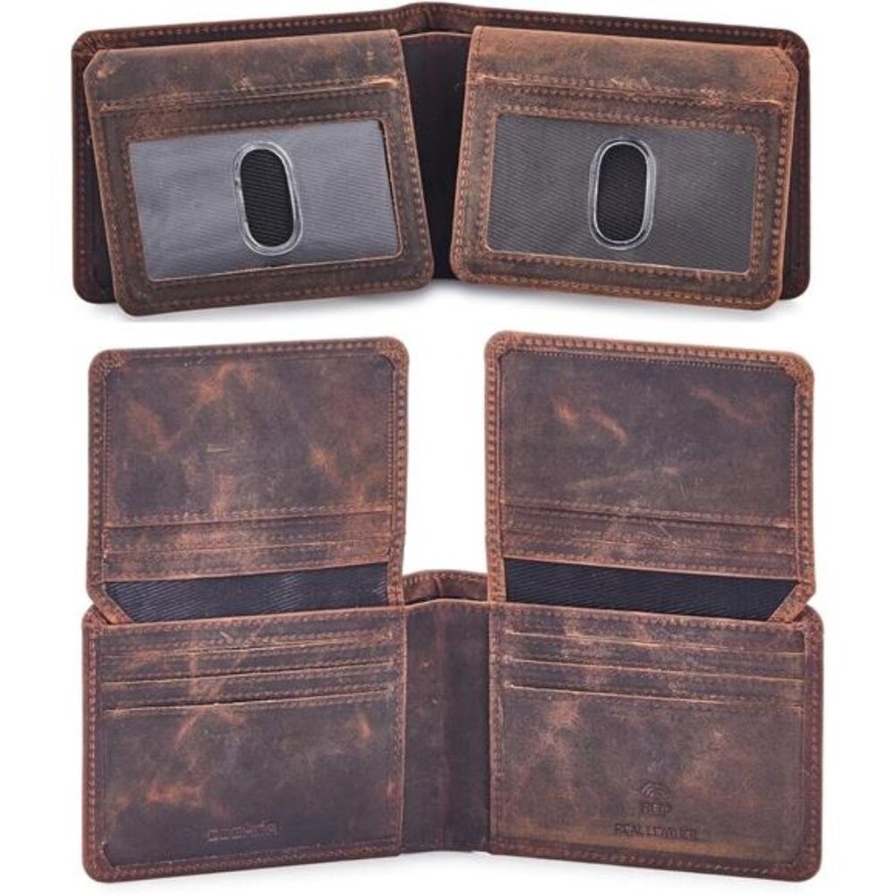 Mens Wallet Real Leather Bifold RFID Blocking High Capacity Card Case